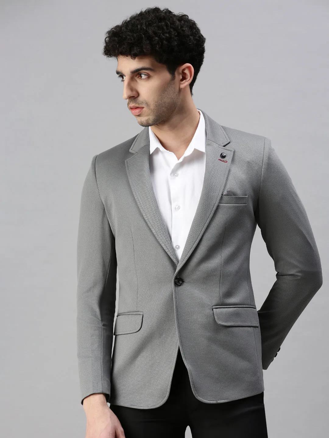 Crisp Weather Fit Relaxed Layers Men's Grey Solid Slim-Fit Single-Breasted Blazers