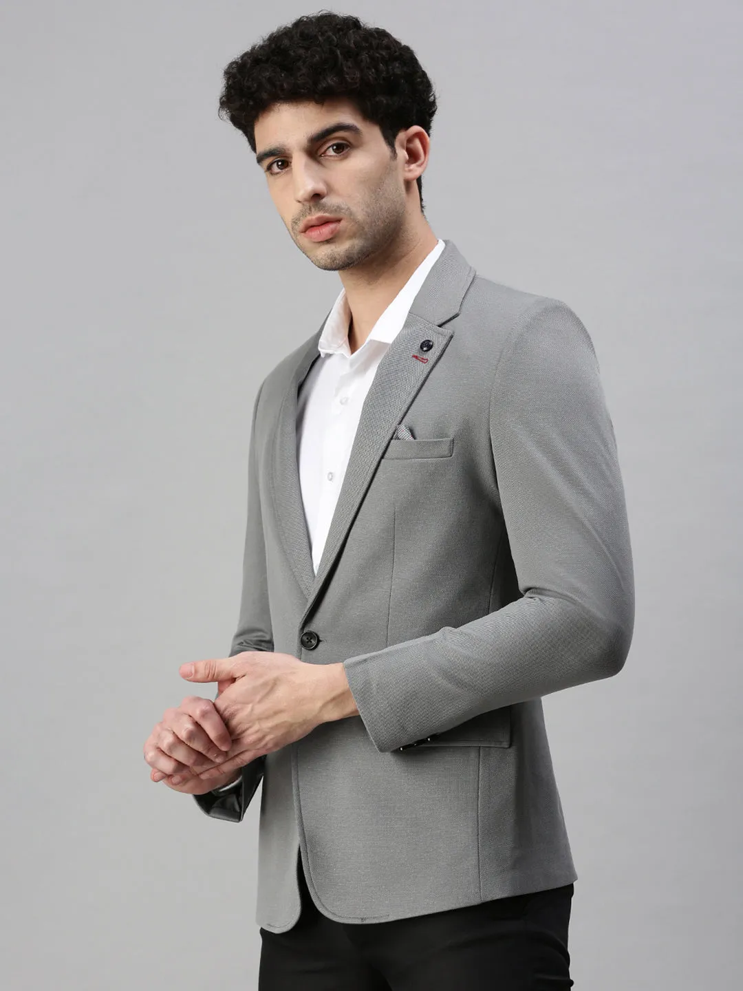 Men's Grey Solid Slim-Fit Single-Breasted Blazers Bonded Collars