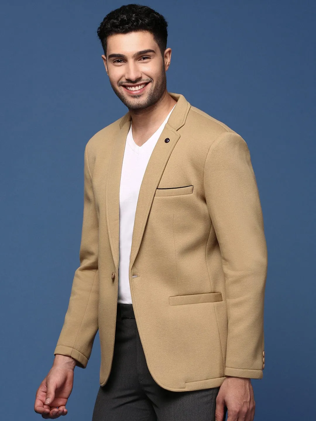 RubberizedTrim Men's Khaki Slim Fit Single Breasted Casual Blazer