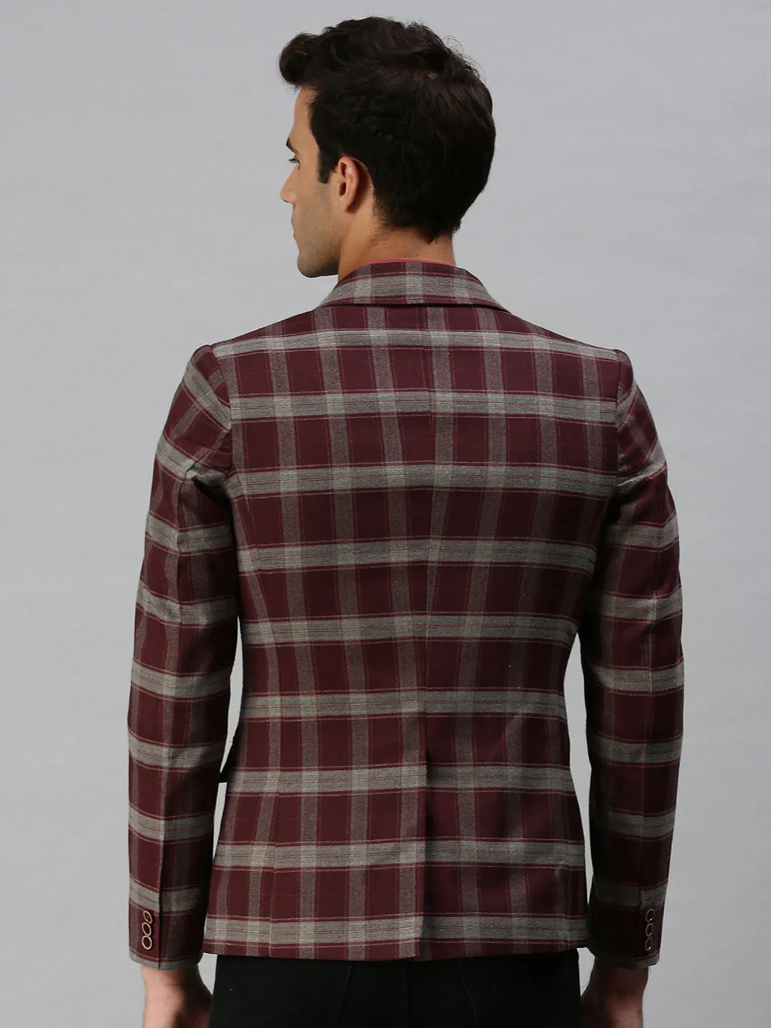 Men's Maroon Checked Printed Single-Breasted Slim-Fit Casual Blazer Reinforced Stitching Cool Climate