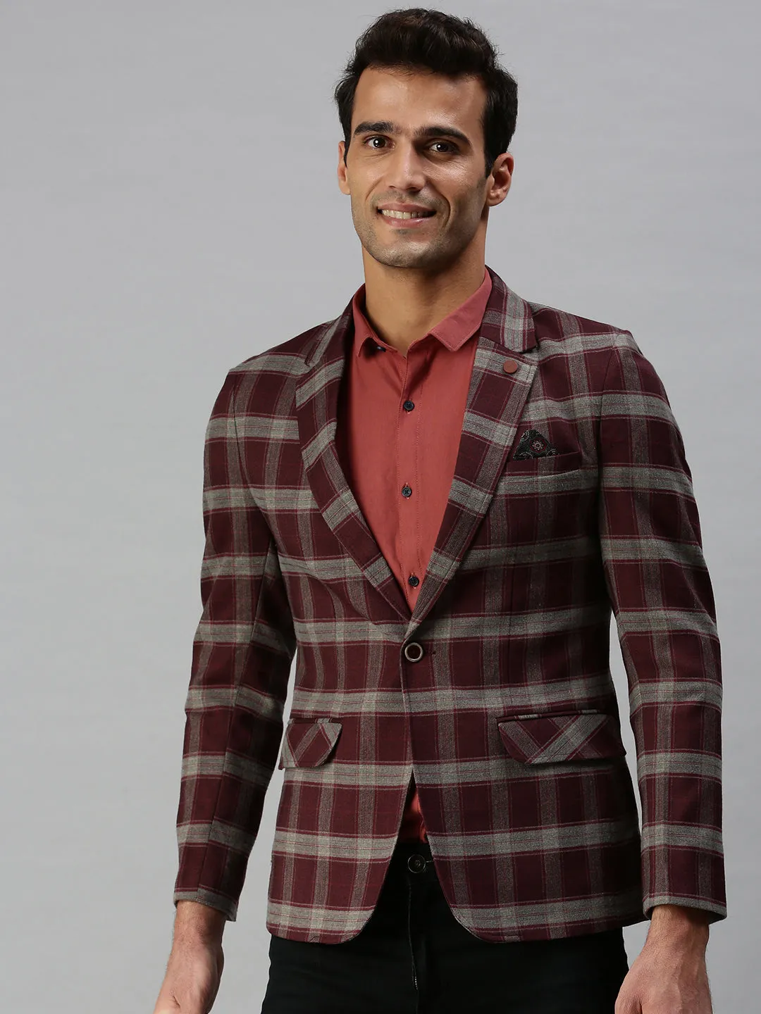 Men's Maroon Checked Printed Single-Breasted Slim-Fit Casual Blazer Collapsible Packable Style Pre Shrunk Cotton Blend