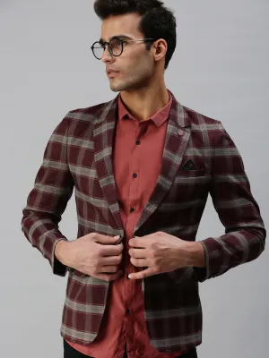 Drop Tail Hem Layered Ventilation Panels Men's Maroon Checked Printed Single-Breasted Slim-Fit Casual Blazer
