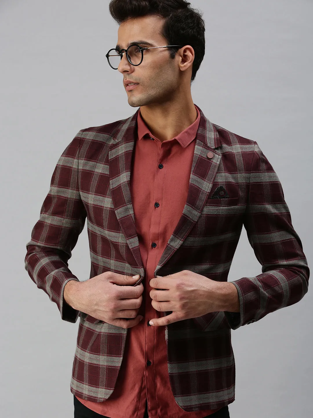 Drop Tail Hem Layered Ventilation Panels Men's Maroon Checked Printed Single-Breasted Slim-Fit Casual Blazer