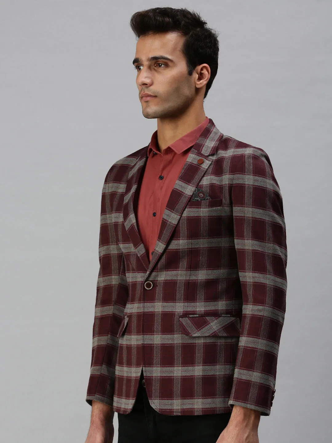 Lightweight Fabric All Ground Men's Maroon Checked Printed Single-Breasted Slim-Fit Casual Blazer