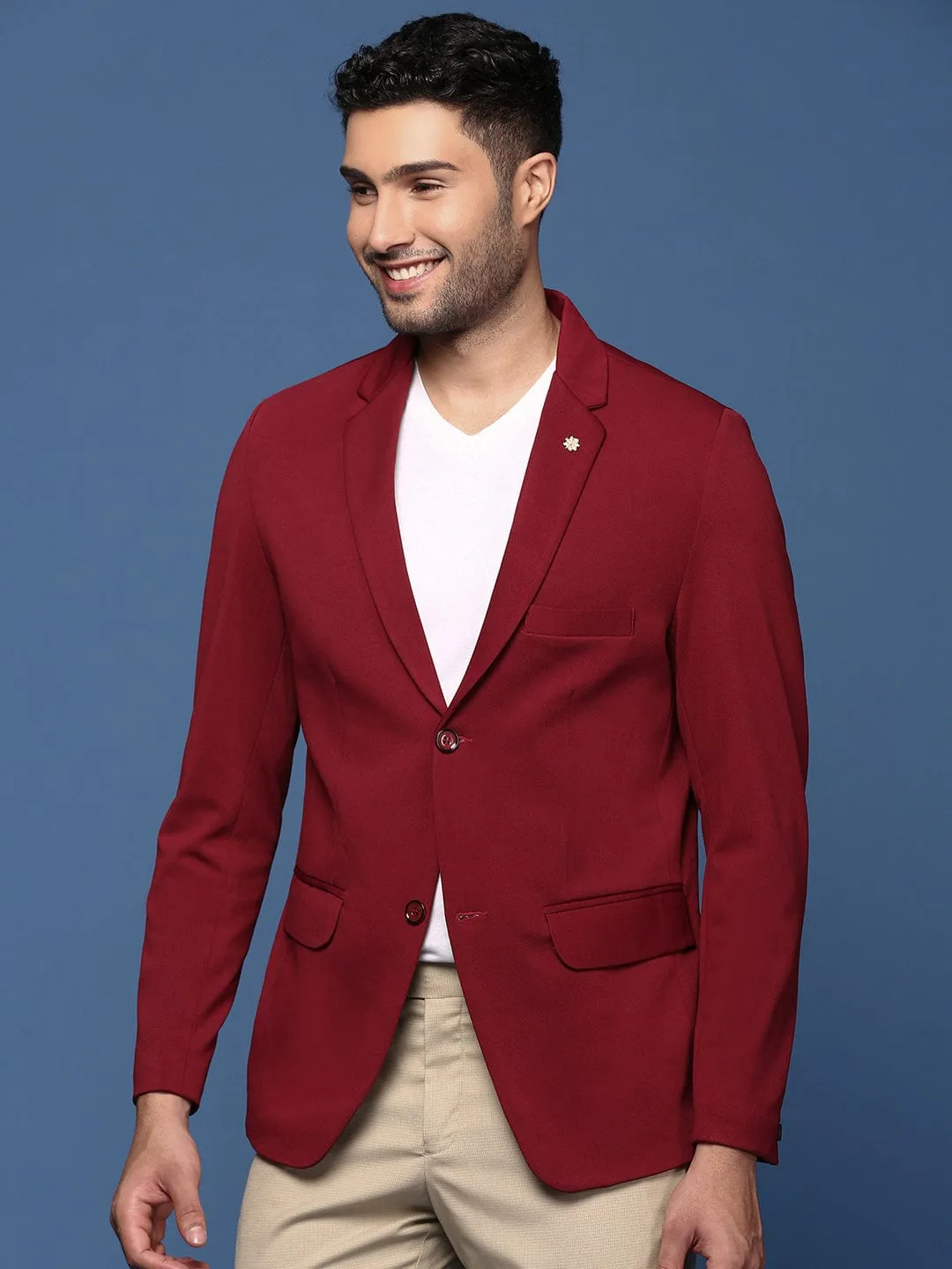 Men's Maroon Slim Fit Single Breasted Blazer DurableStitching Noise Reduced Fasteners