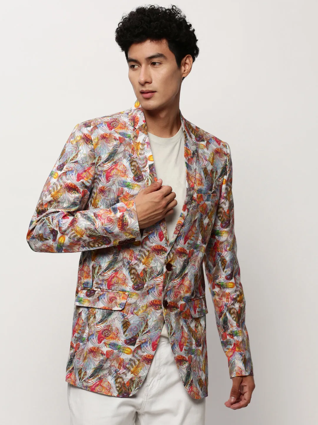 Articulated Ergonomic Fit Men's Multi Printed Slim-Fit Cotton Single Breasted Blazer