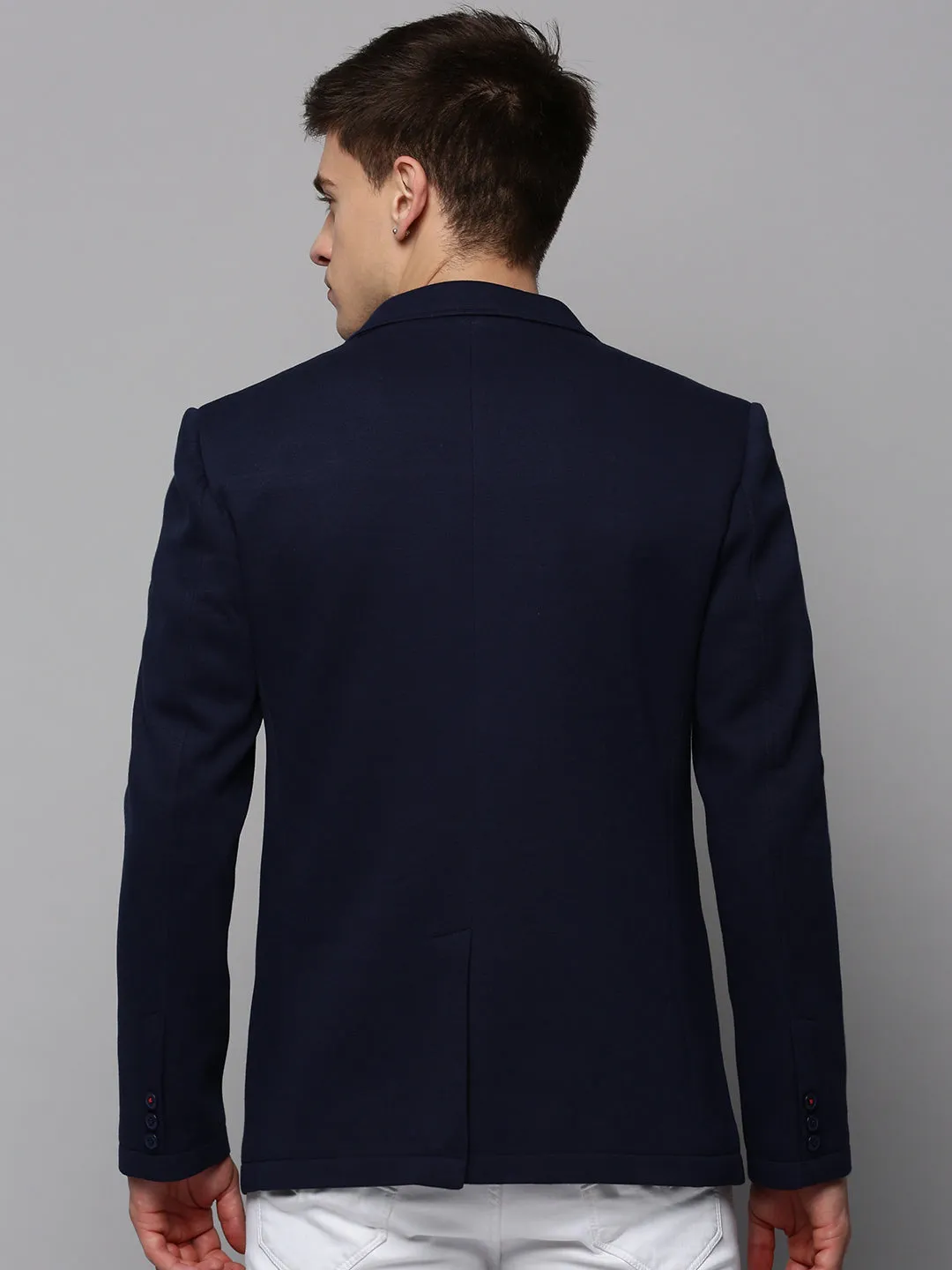 Men's Navy Blue Dobby Notched Lapel Open-Front Blazer Snag Proof Surface Noise Reduced Fasteners