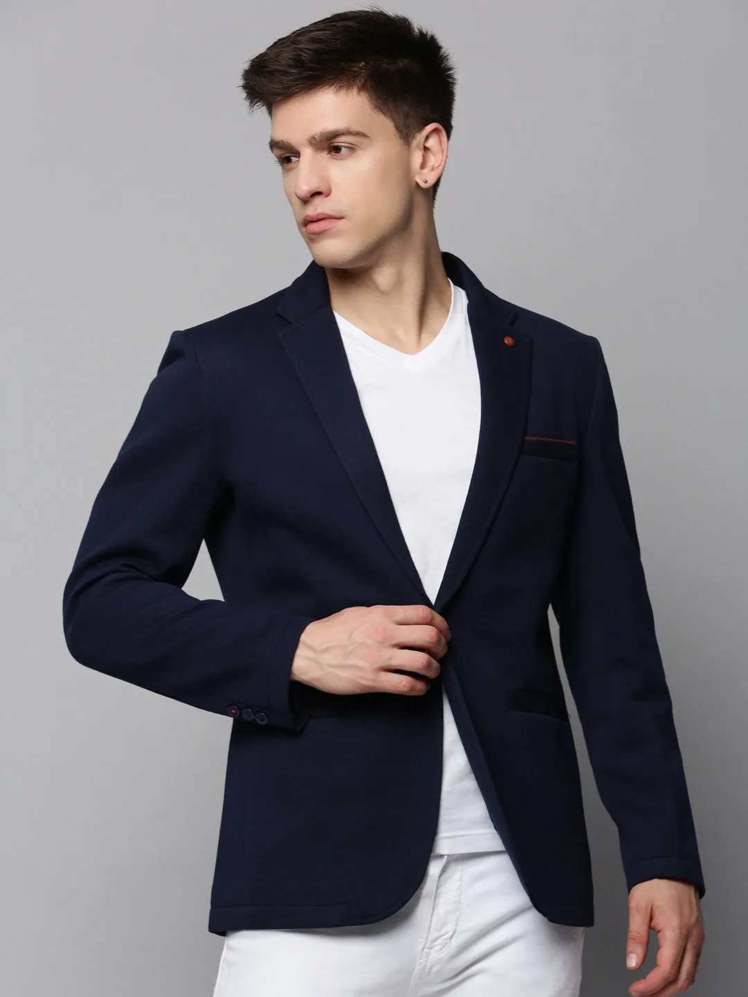 Men's Navy Blue Dobby Notched Lapel Open-Front Blazer Microfiber Blend