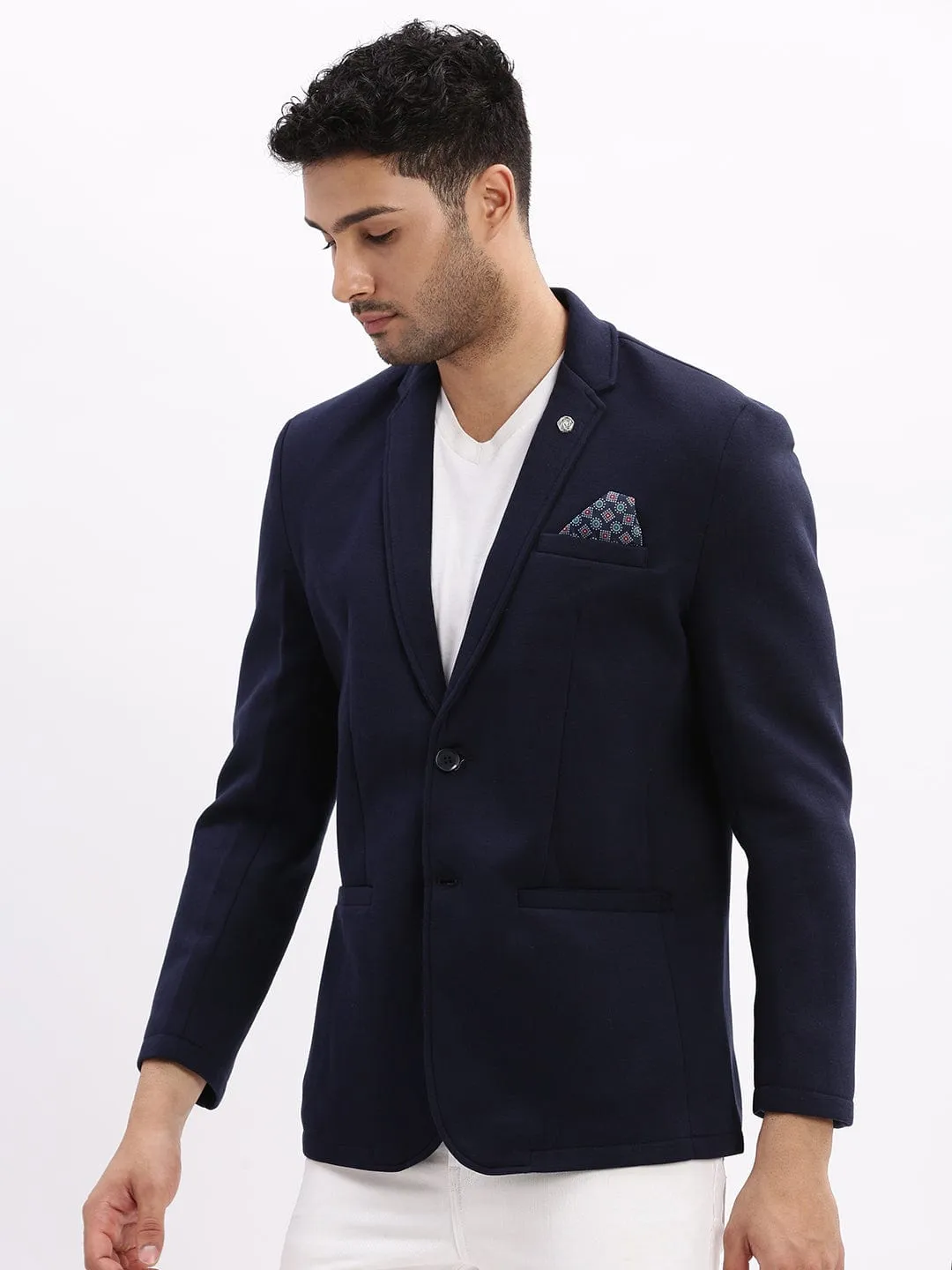 Men's Navy Blue Slim Fit Cotton Single Breasted Blazer Thermoregulating Lining