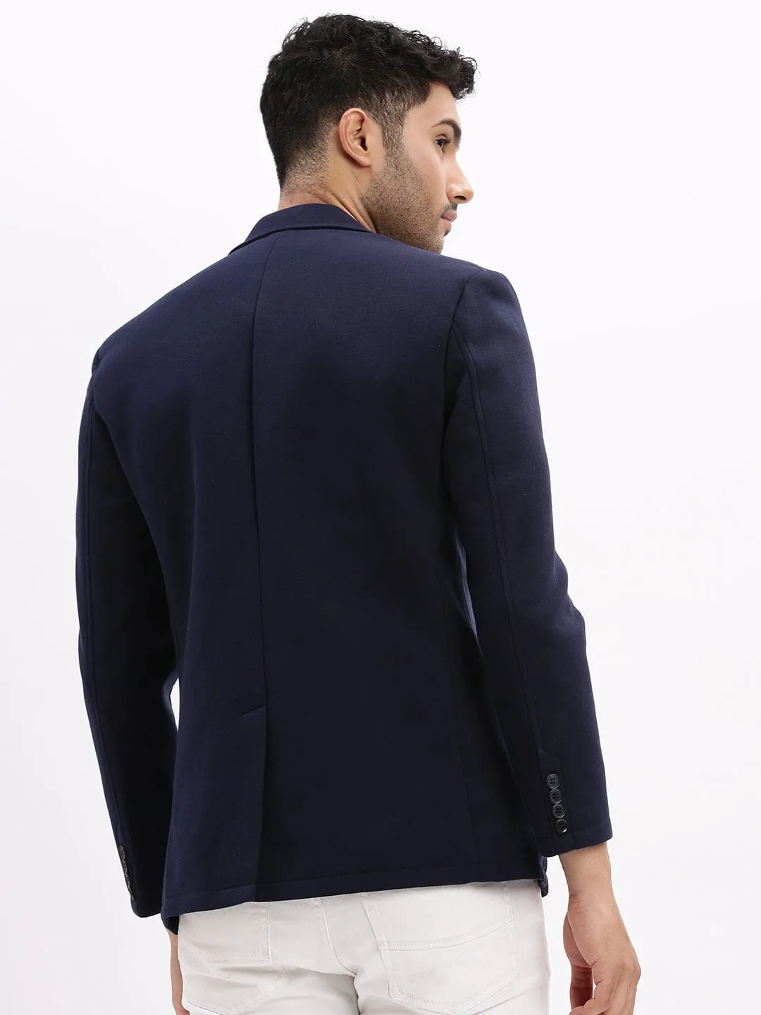 Men's Navy Blue Slim Fit Cotton Single Breasted Blazer Bonded Zippers Ergonomic Shoulder Cut
