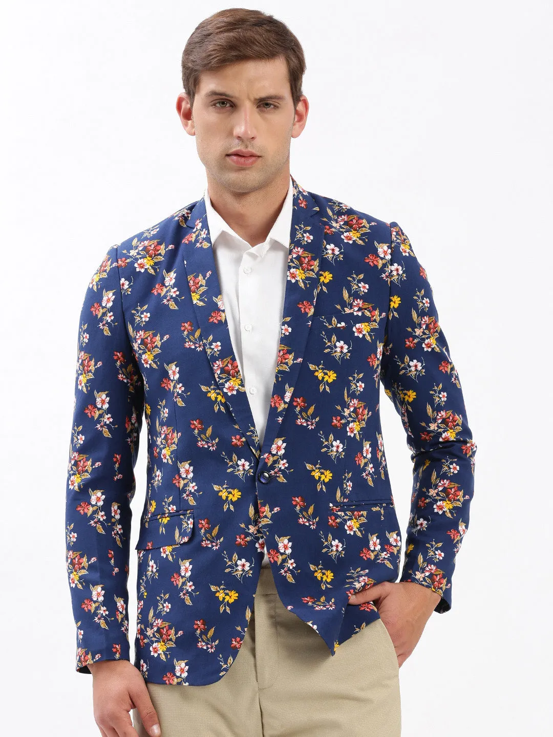 HighNeckDesign Men's Navy Blue Slim-Fit Floral Printed Chambray Notched Lapel Single Breasted Blazer