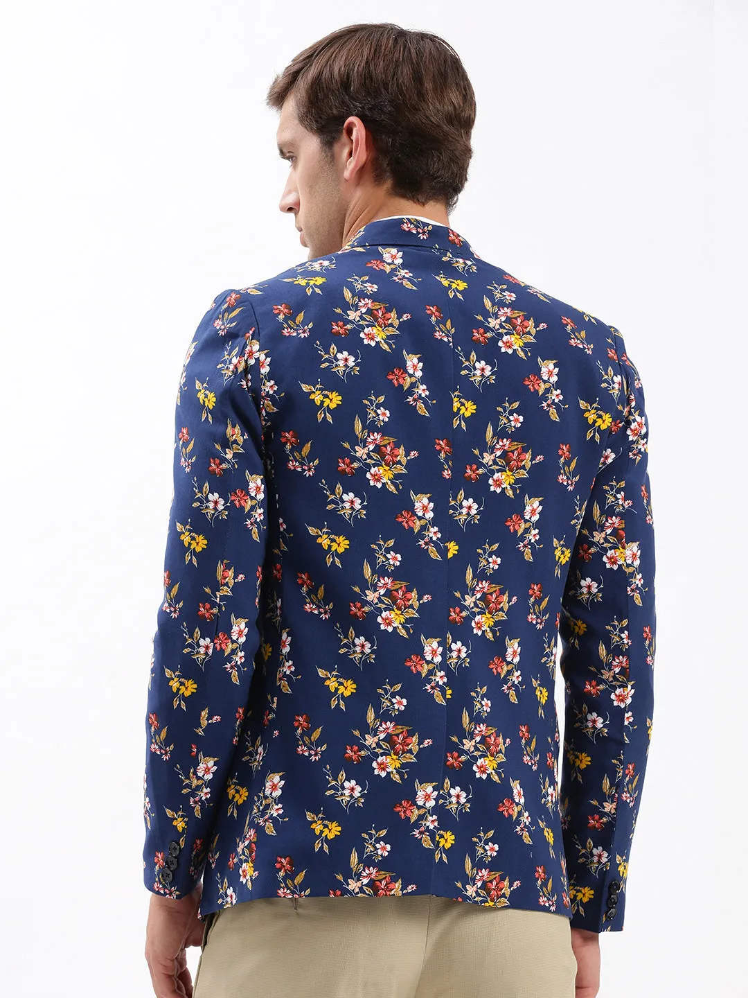 Clean Outer FlexibleCuffSystem Men's Navy Blue Slim-Fit Floral Printed Chambray Notched Lapel Single Breasted Blazer