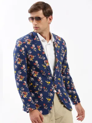 Men's Navy Blue Slim-Fit Floral Printed Chambray Notched Lapel Single Breasted Blazer QuickDryFinish Layered Comfort Look