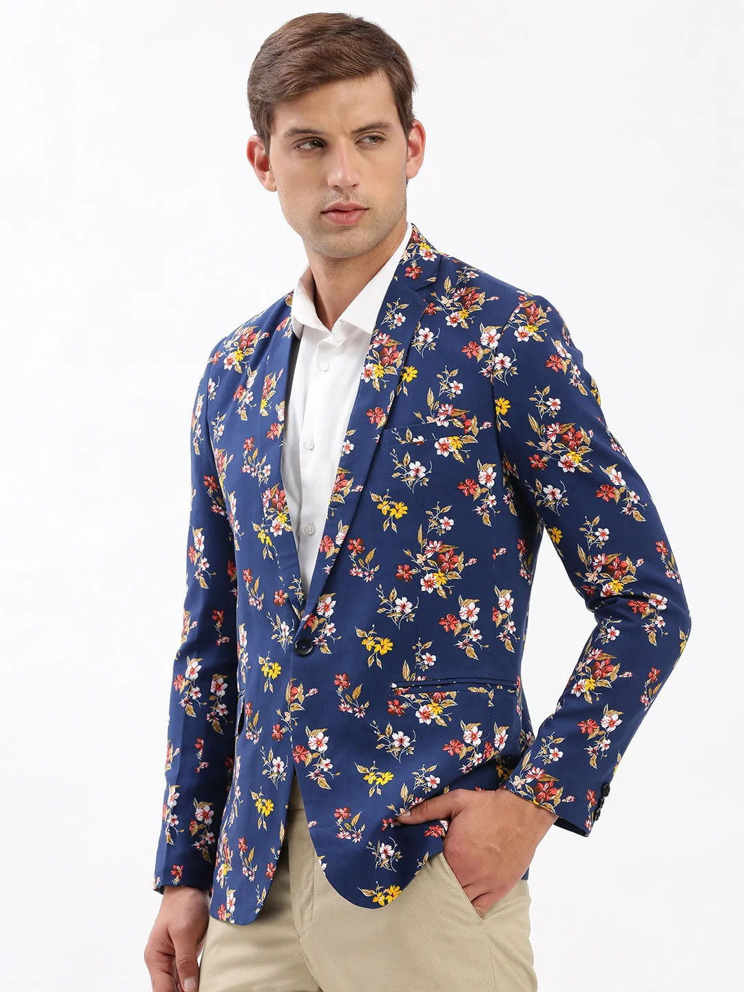 Ventilation Vents Men's Navy Blue Slim-Fit Floral Printed Chambray Notched Lapel Single Breasted Blazer