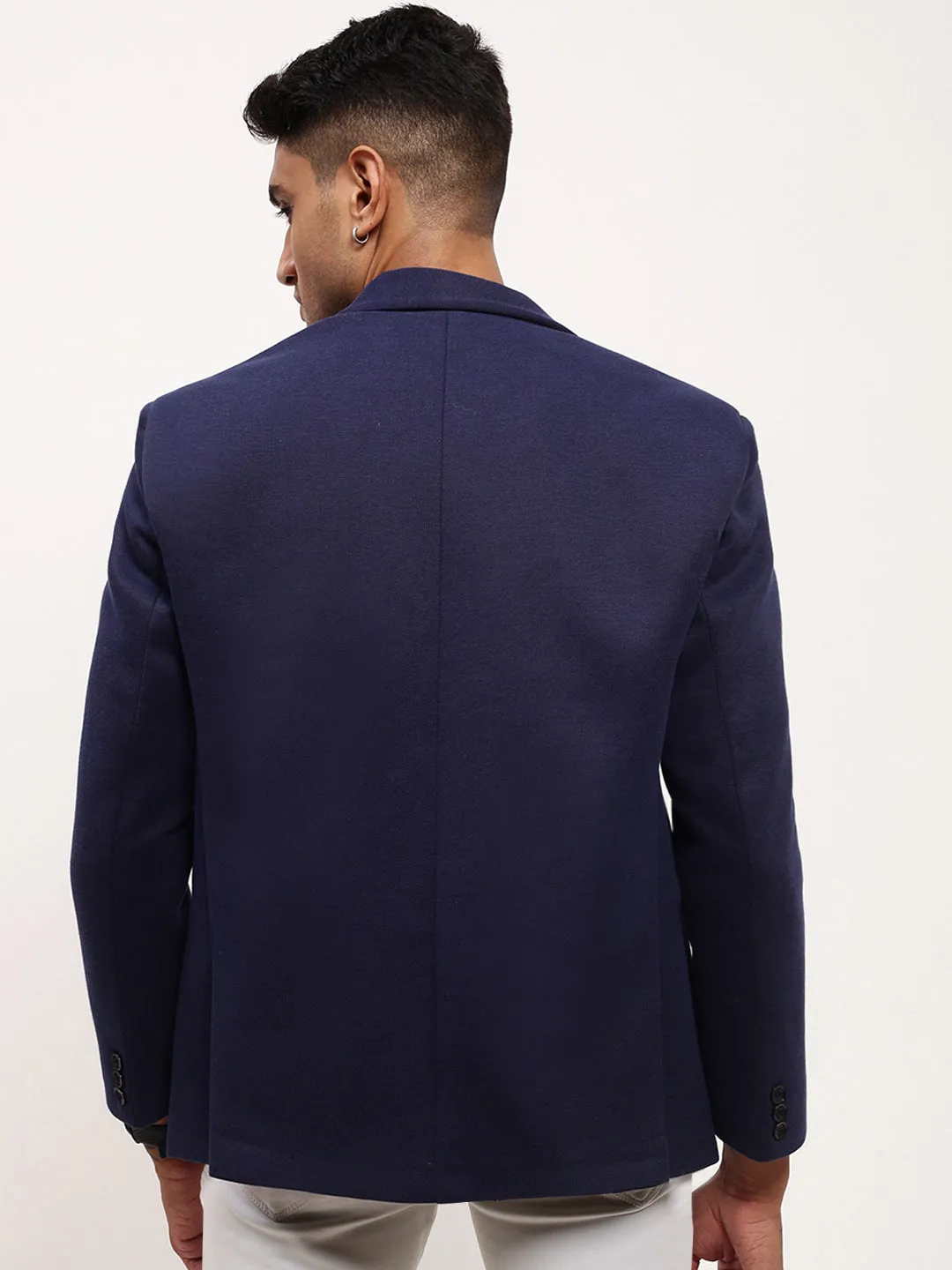 Men's Navy Blue Solid Single Breasted Blazer Ultraviolet Protection Factor