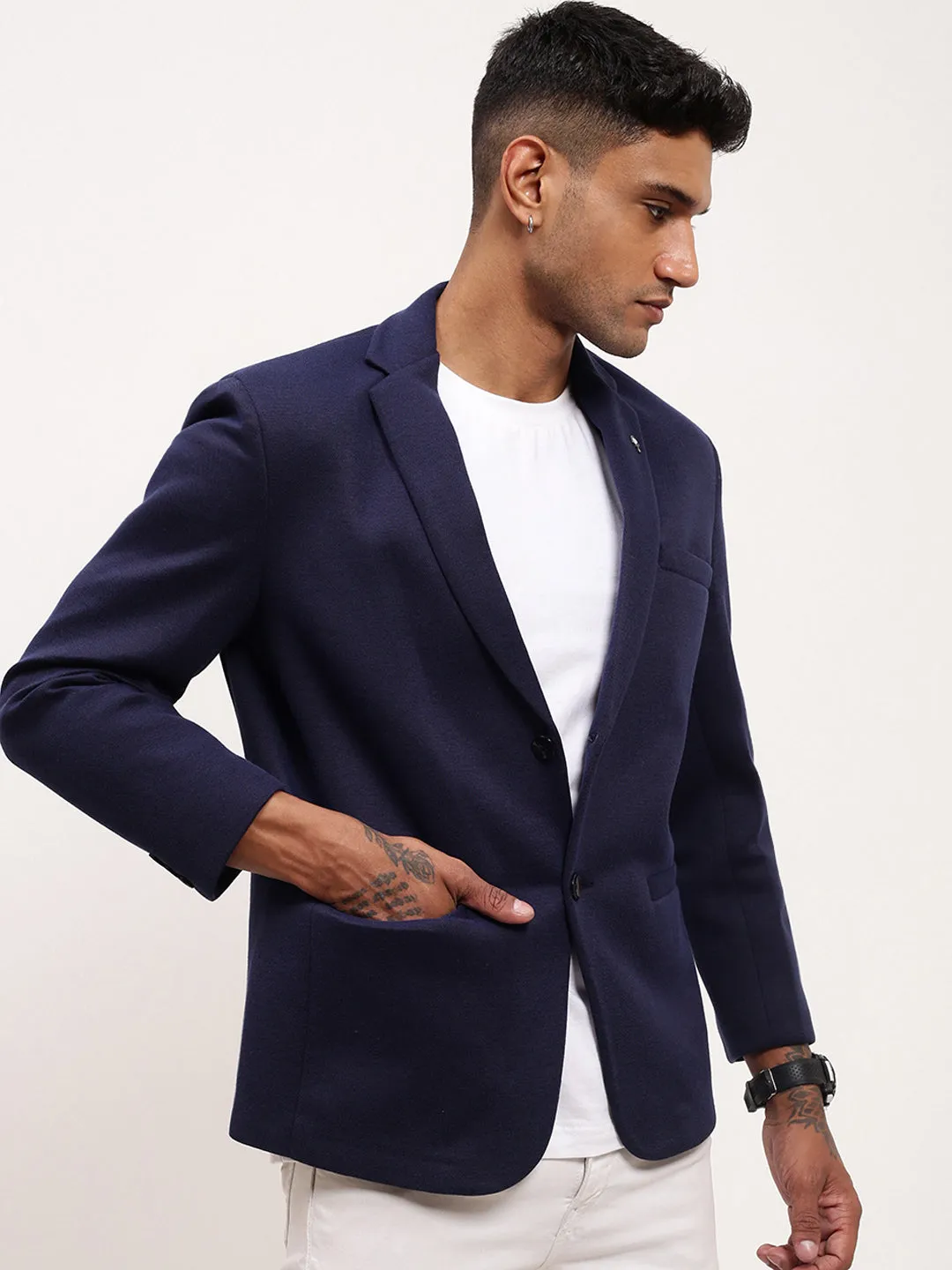 City Walking Style Men's Navy Blue Solid Single Breasted Blazer