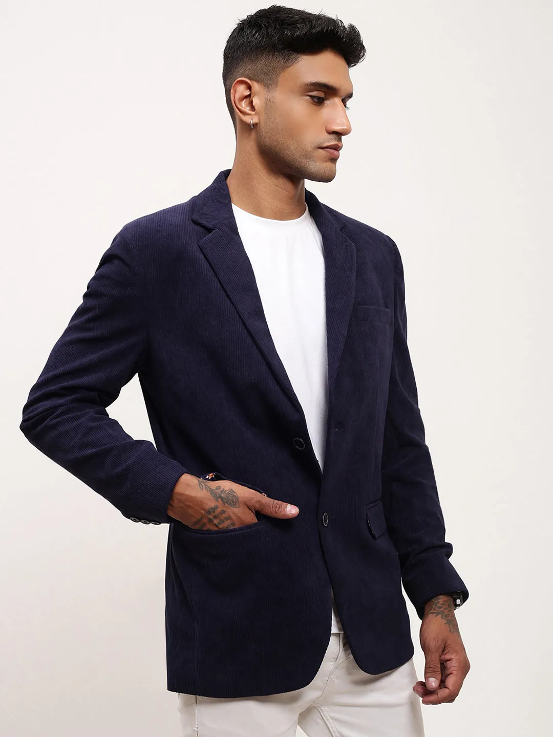 Taped Edges Modern Drop Tail Hem Men's Navy Blue Solid Single Breasted Blazer