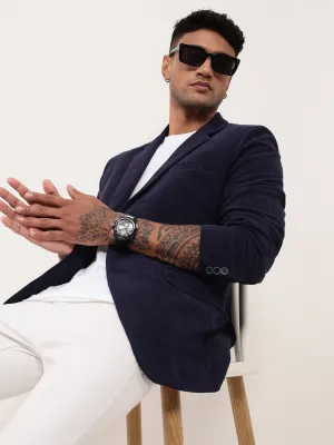 Men's Navy Blue Solid Single Breasted Blazer Quick Wear Fit Flexible Insulation