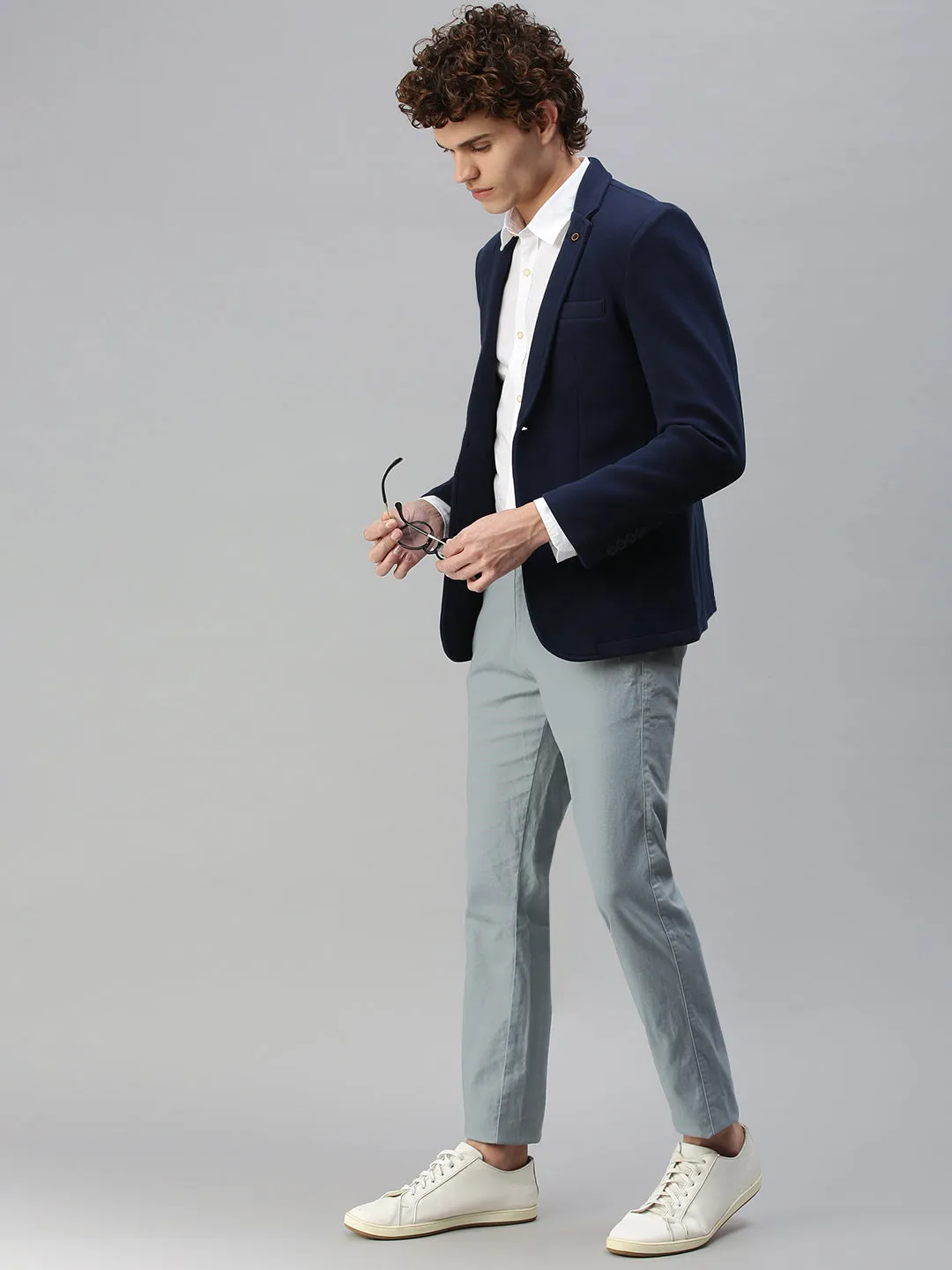 High Collar Structure Men's Navy Blue Solid Single-Breasted Slim-Fit Blazer