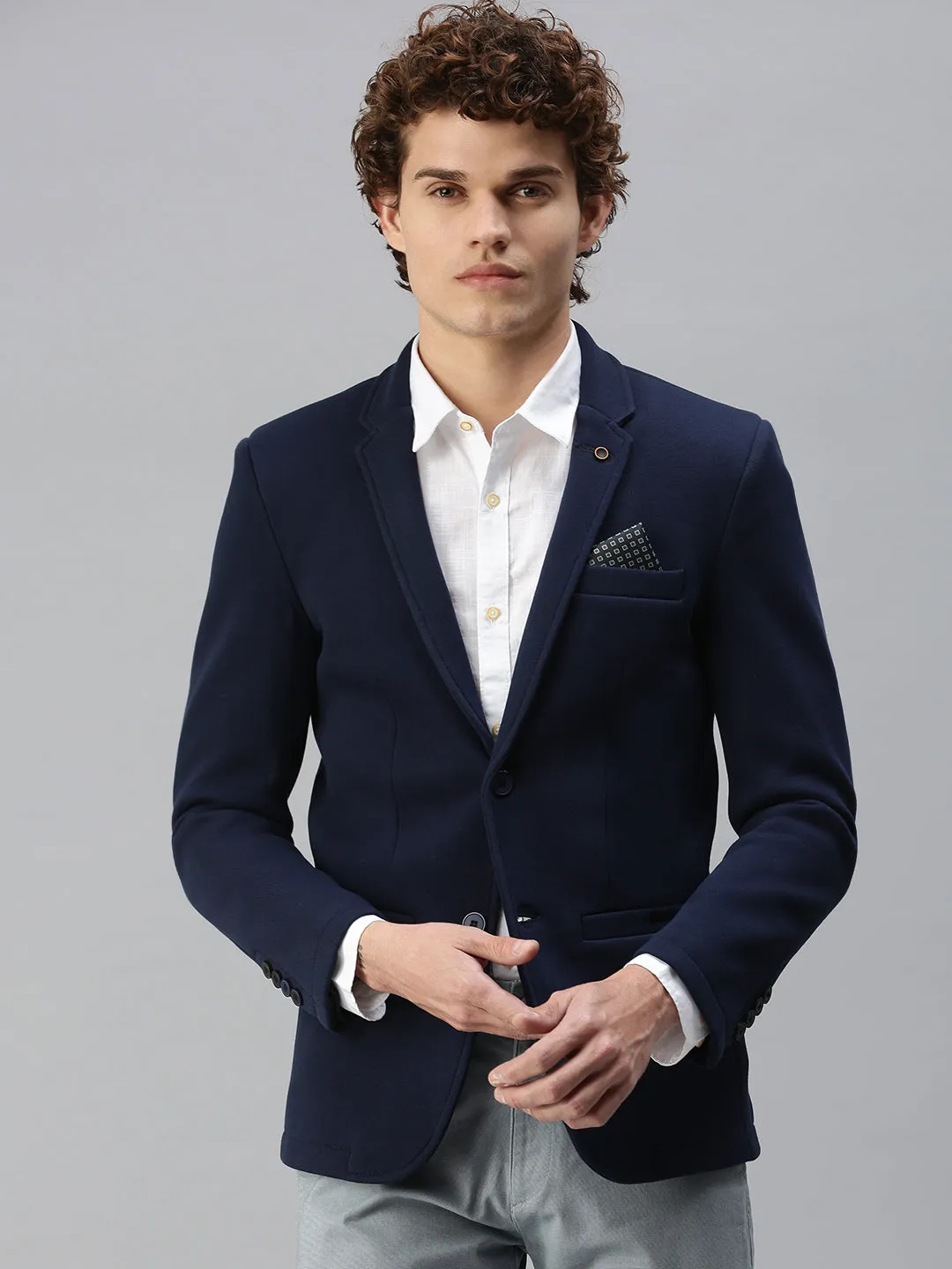 Men's Navy Blue Solid Single-Breasted Slim-Fit Blazer Rugged Style
