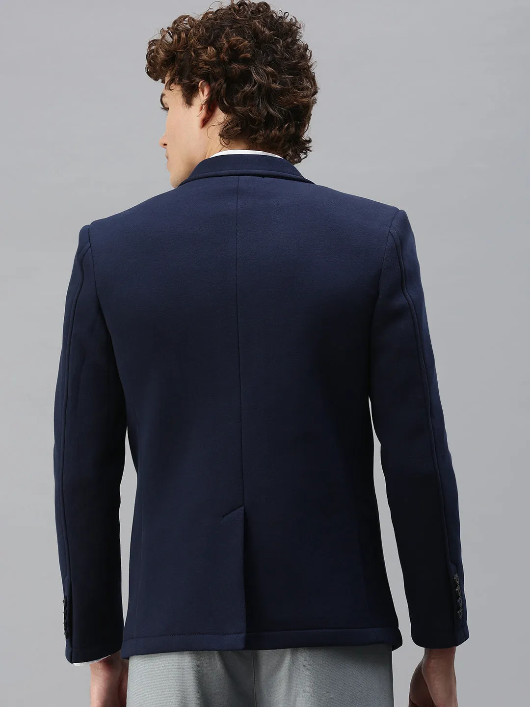 Eco Friendly Material Men's Navy Blue Solid Single-Breasted Slim-Fit Blazer