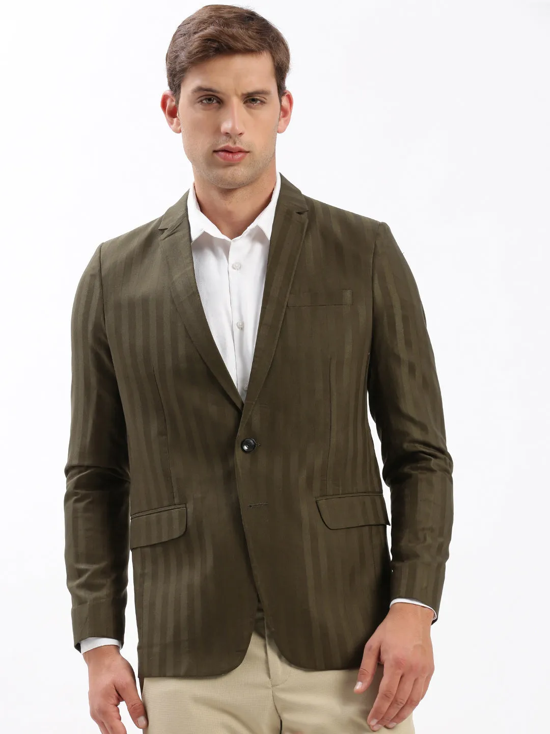 Men's Notched Lapel Self Design Olive Blazer Stretchable Waistband