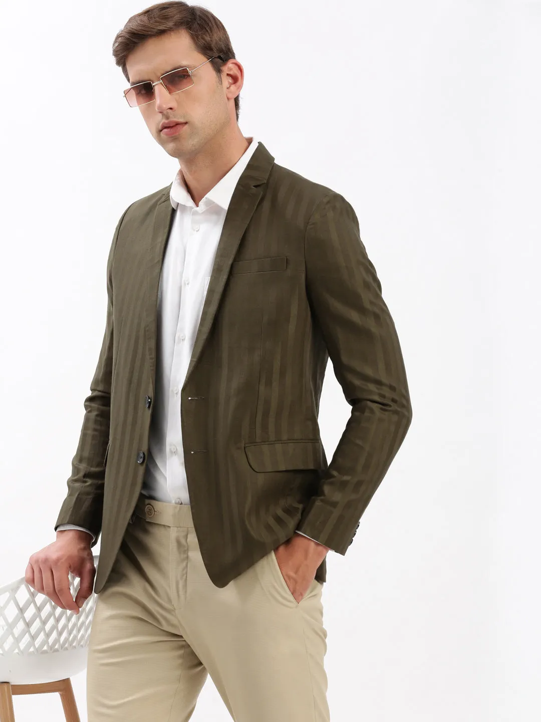 Men's Notched Lapel Self Design Olive Blazer Snag Proof Surface