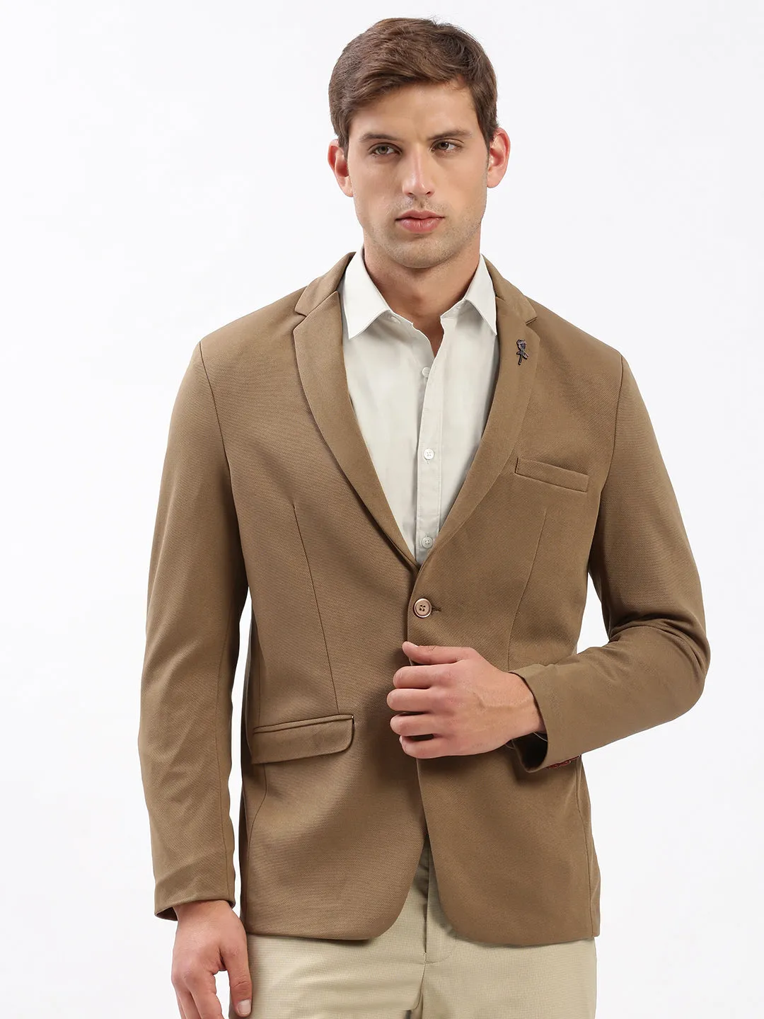 Durable Coating Articulated Elbows Men's Notched Lapel Solid Brown Blazer