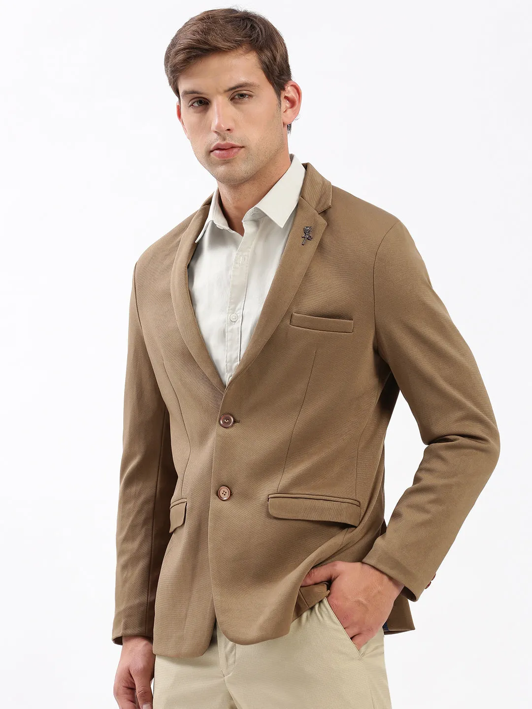 Men's Notched Lapel Solid Brown Blazer Layered Hem Design Crisp Detail