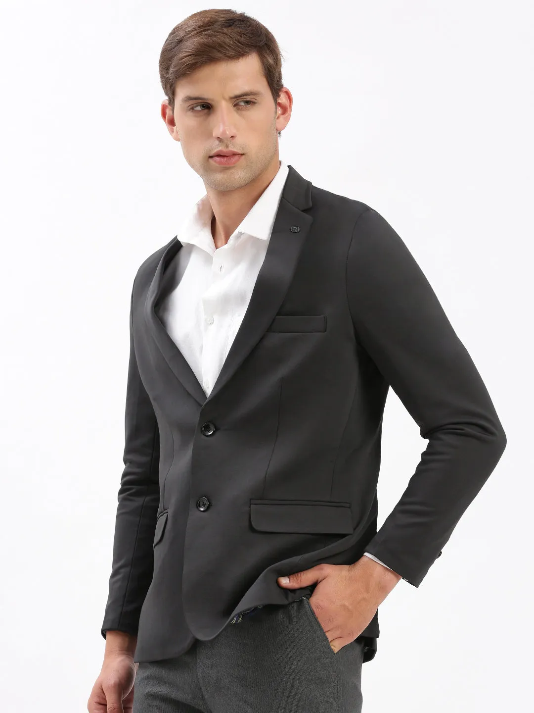 Men's Notched Lapel Solid Charcoal Blazer Weatherproof Technology Quick Release Buckle Mechanism