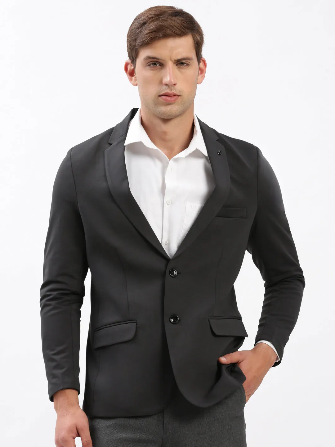 Men's Notched Lapel Solid Charcoal Blazer Comfortable Fabric