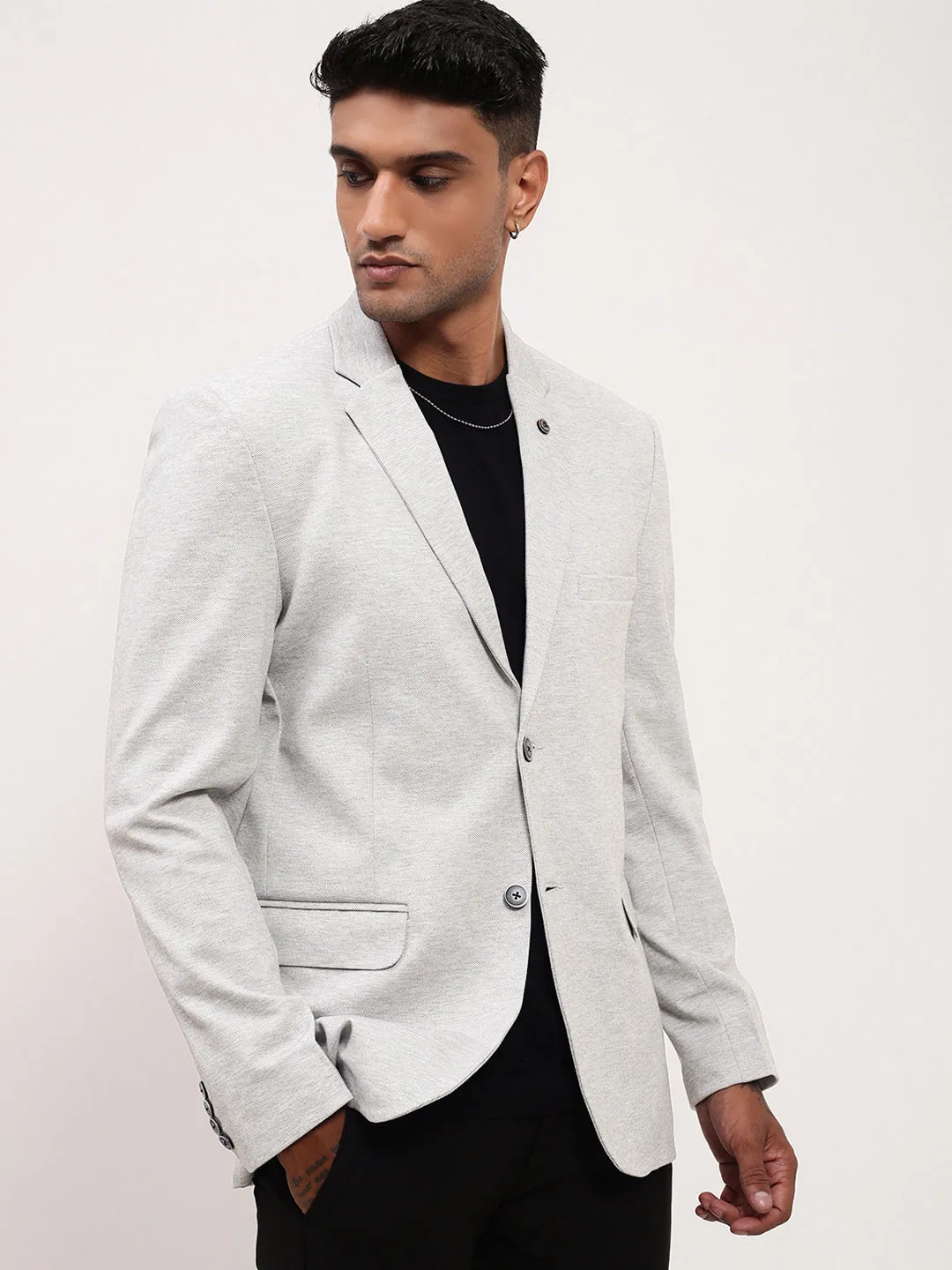 Layered Hem Design Men's Off White Single-Breasted Slim Fit Blazer with Notched Lapel