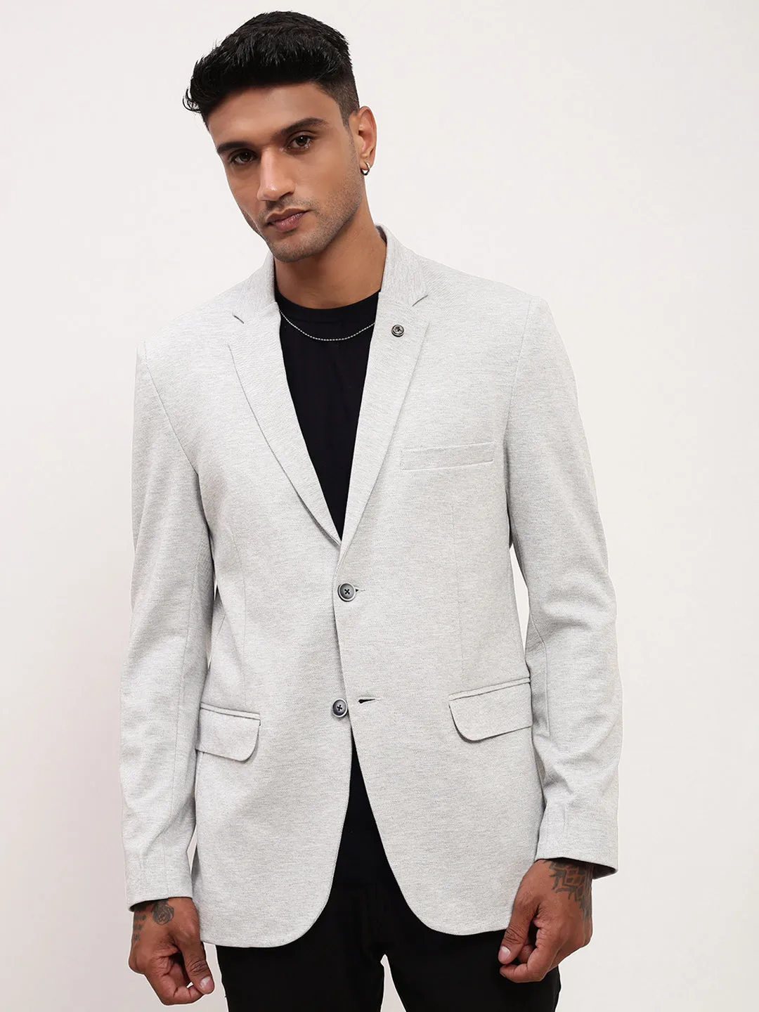 Men's Off White Single-Breasted Slim Fit Blazer with Notched Lapel Full Length Zipper