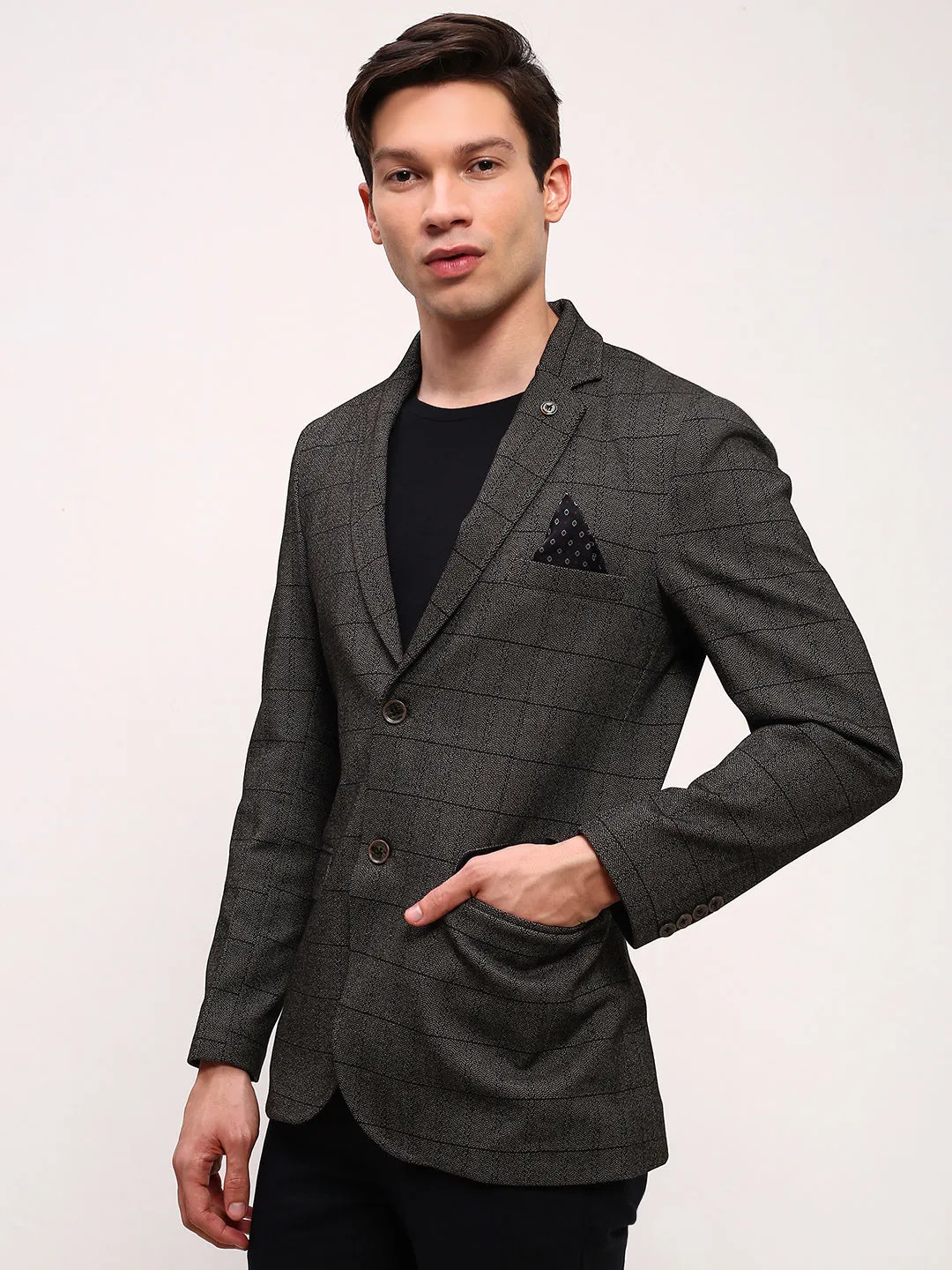 Men's Olive Checked Single Breasted Blazer Refined Style Clean Street Look