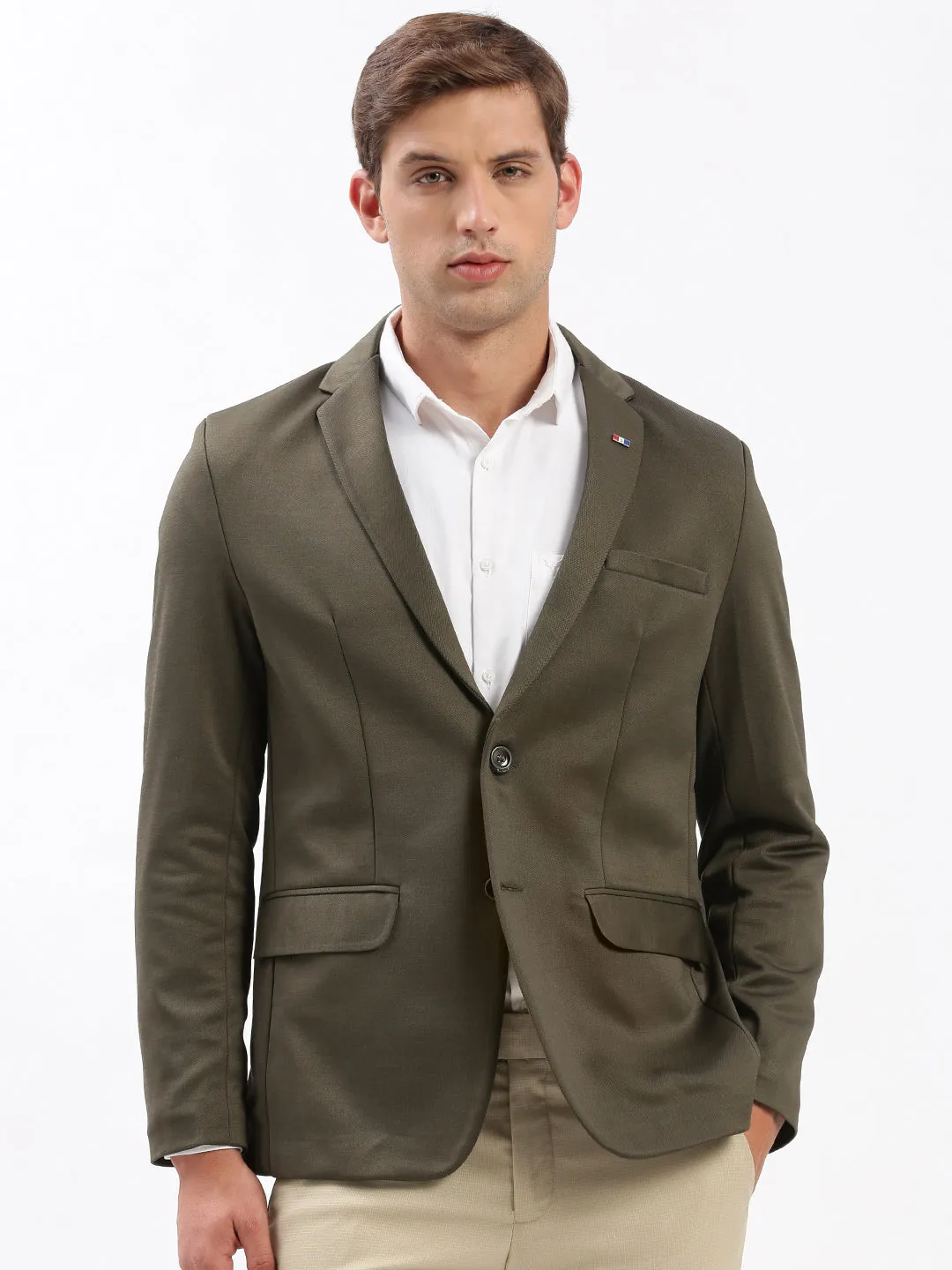Casual Chill Look Men's Olive Slim-Fit Notched Lapel Collar Single-Breasted Blazer