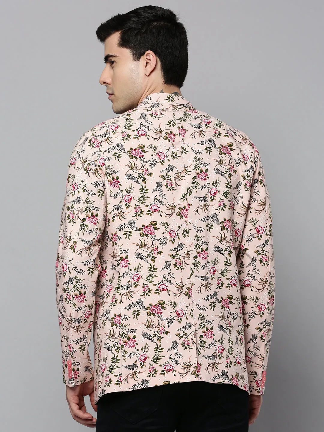 Men's Peach Floral Printed Slim-Fit Single-Breasted Blazer Ergonomic Tailoring Concealed Zippers