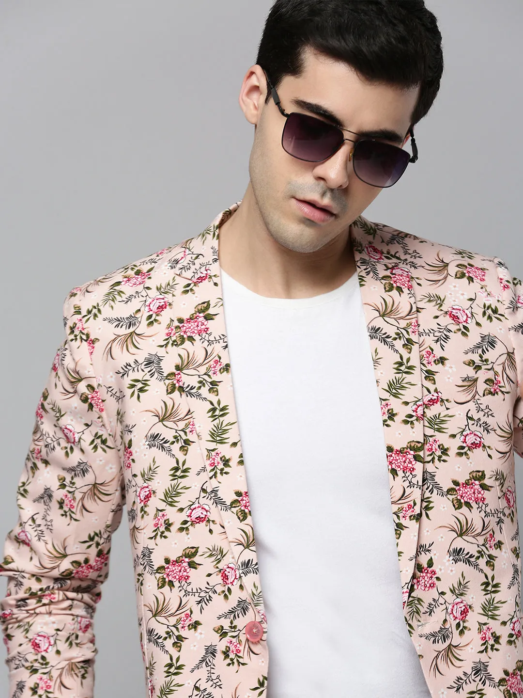 Men's Peach Floral Printed Slim-Fit Single-Breasted Blazer Long Sleeve