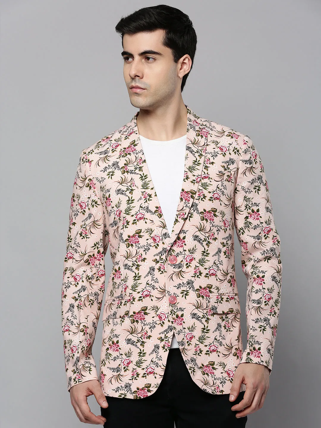 Men's Peach Floral Printed Slim-Fit Single-Breasted Blazer Anti Pilling Active Wear