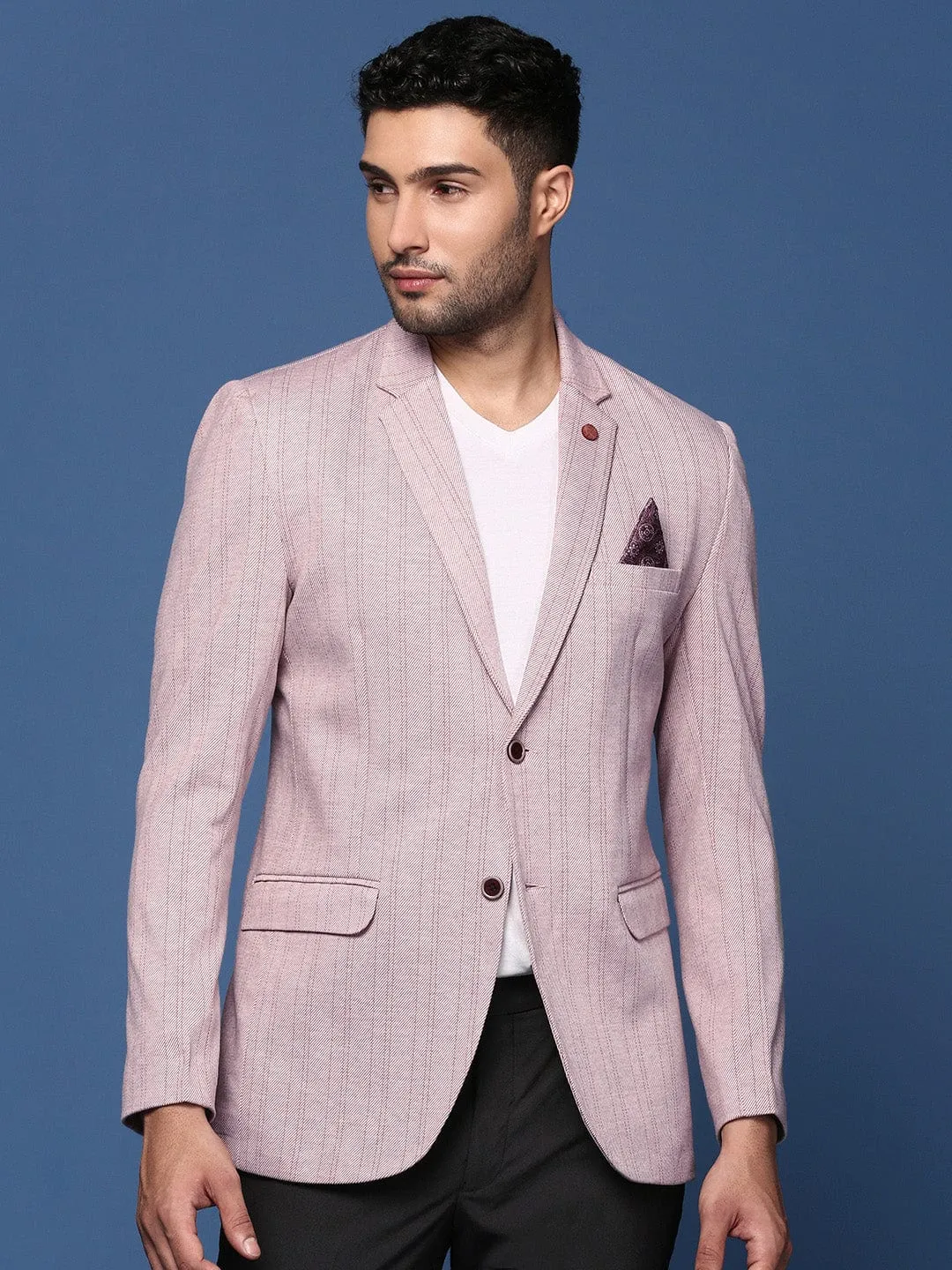Men's Peach Striped Slim-Fit Cotton Single-Breasted Blazer HeatReflectiveLining