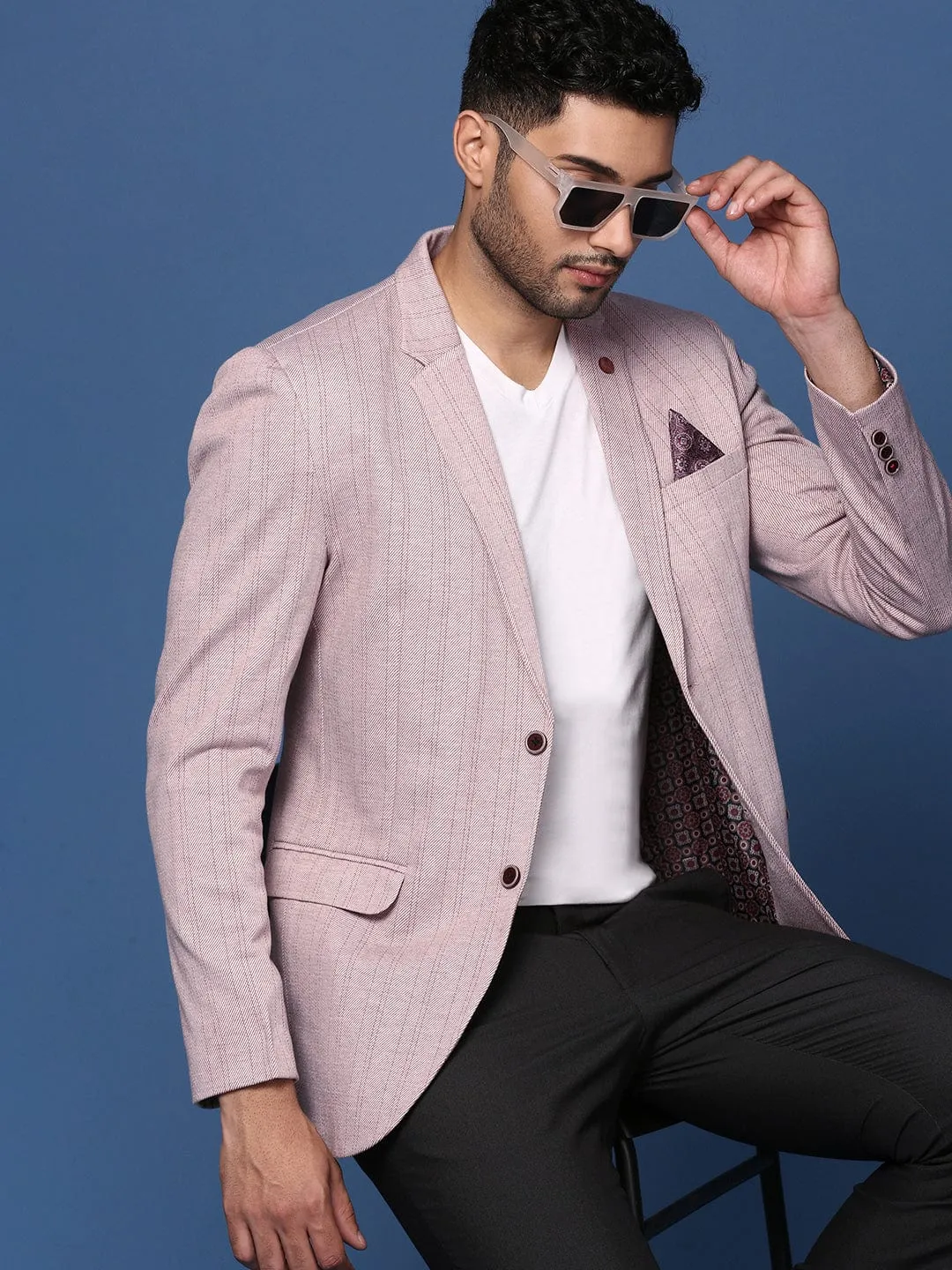 Men's Peach Striped Slim-Fit Cotton Single-Breasted Blazer Reflective accents