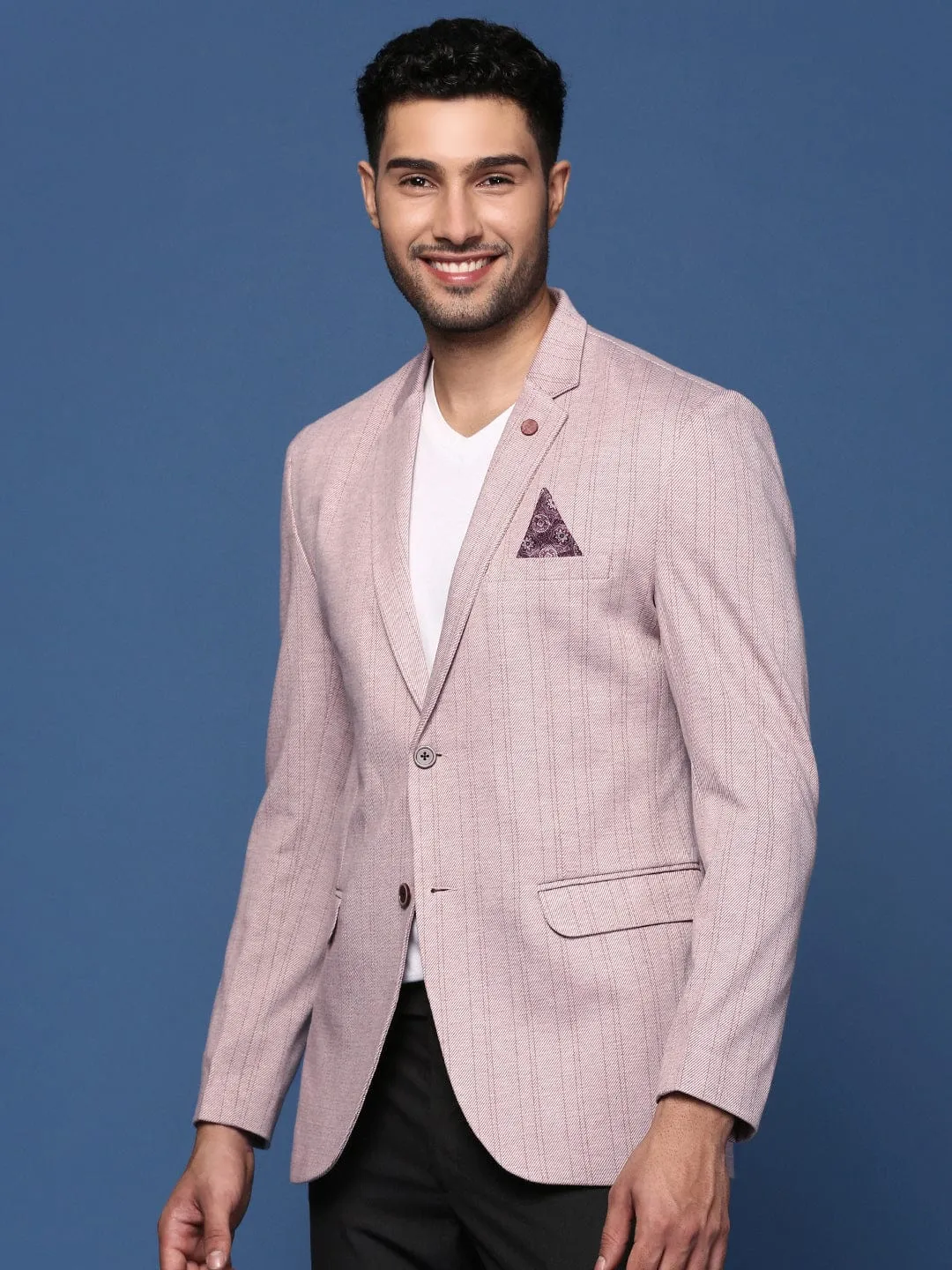 Men's Peach Striped Slim-Fit Cotton Single-Breasted Blazer Convertible 2 In 1 Function