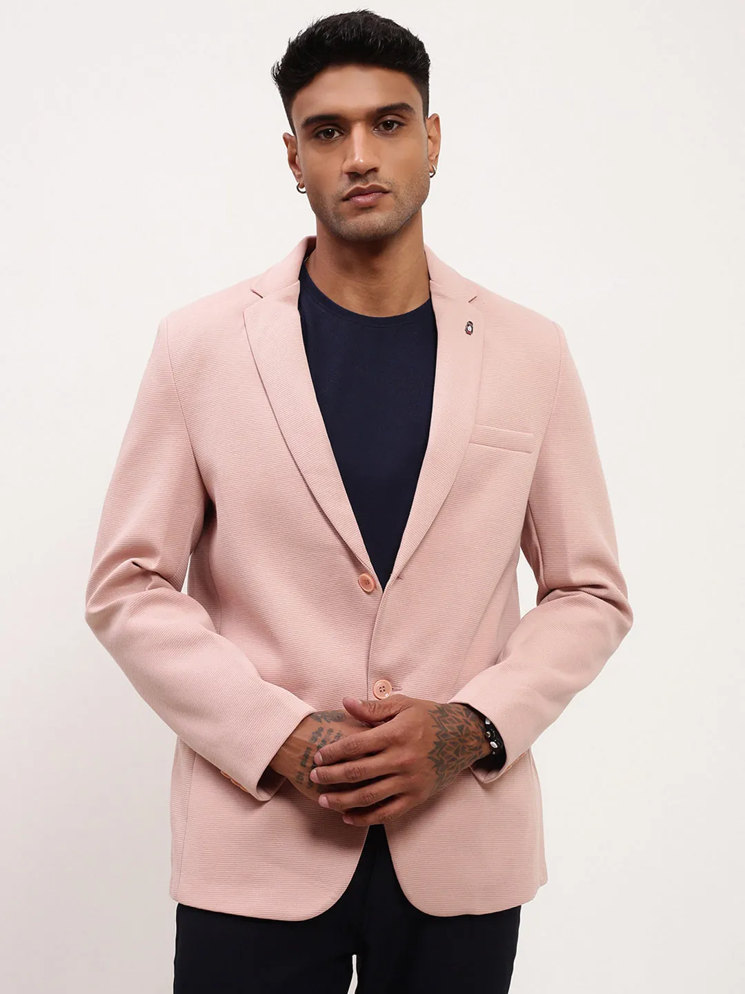 Men's Pink Self Design Slim-Fit Single-Breasted Corduroy Cotton Blazer Compact Packable Feature Moisture Wicking Inner