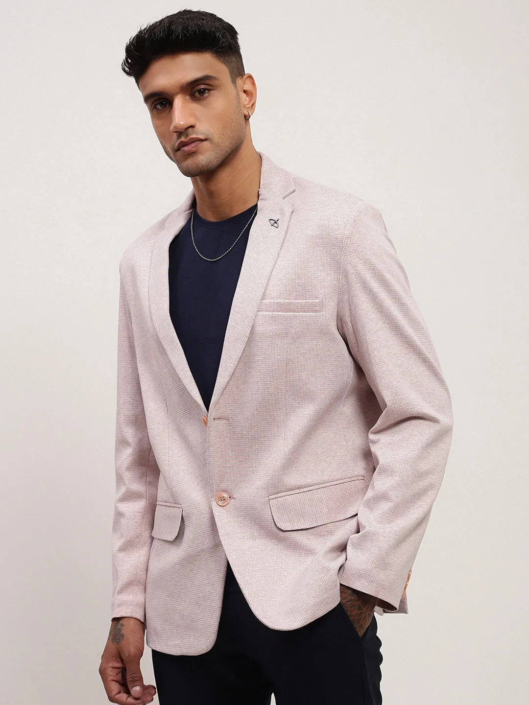 Men's Pink Solid Single Breasted Blazer Crisp Detail Belted Style
