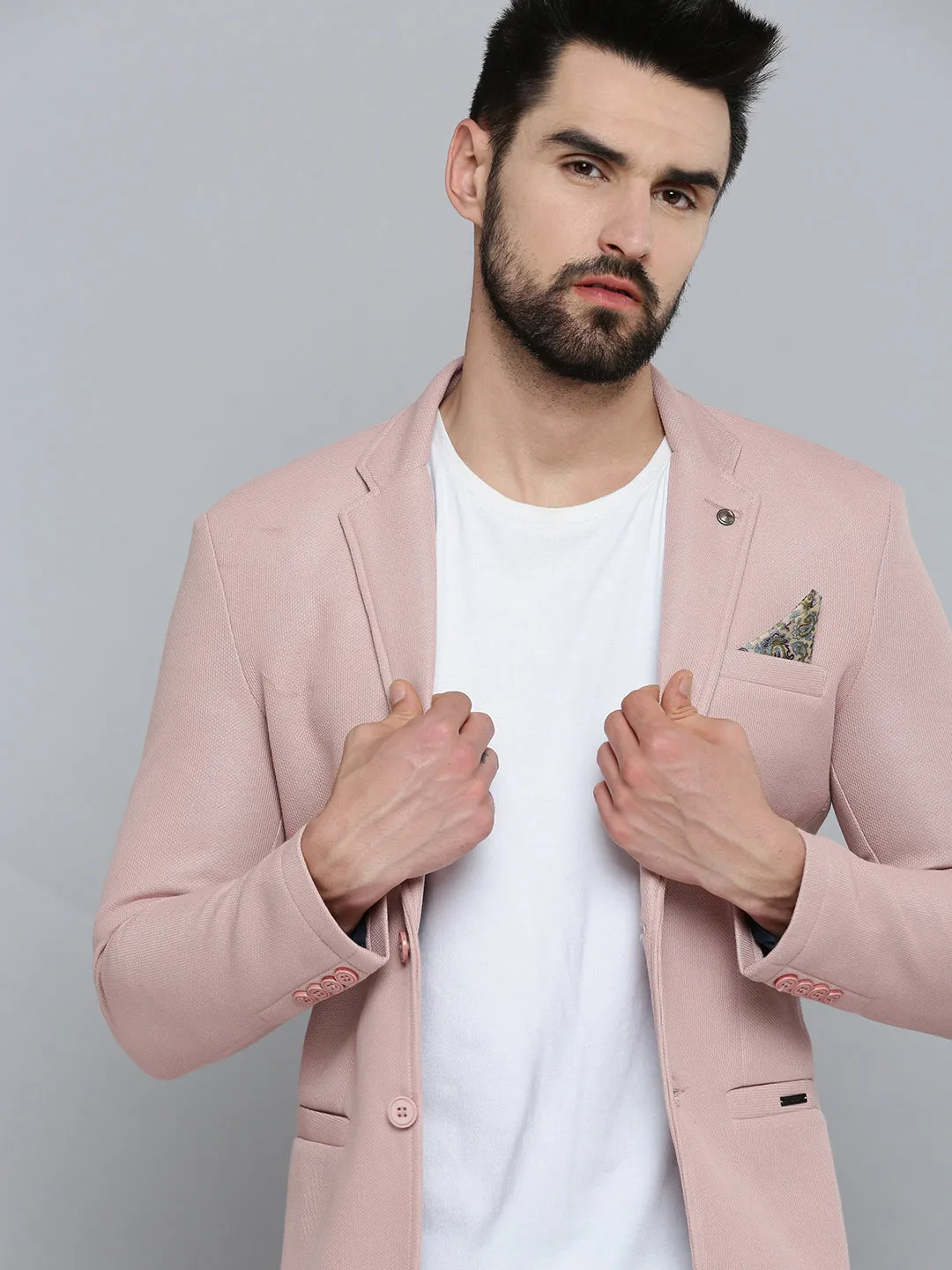 Travel Functional Wear Men's Pink Solid Single-Breasted Blazers