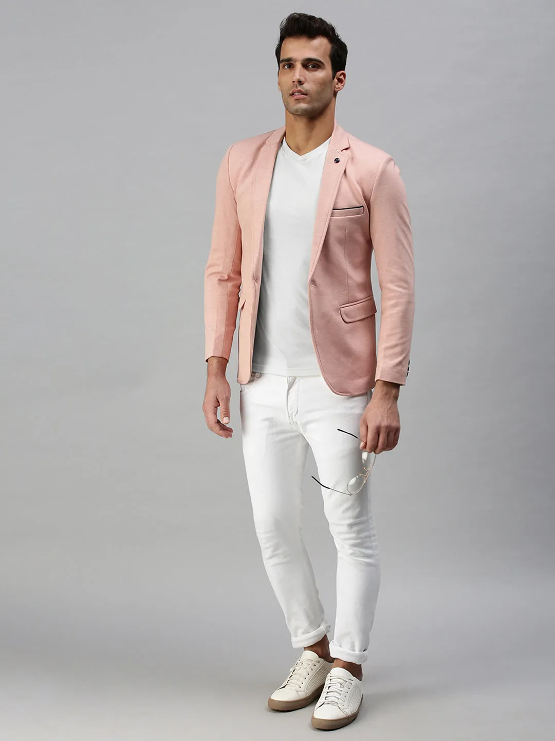 Men's Pink Solid Slim-Fit Single-Breasted Casual Blazers Recycled Material Construction Adjustable drawstring