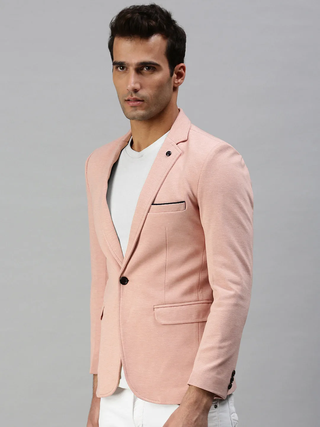Heat Sealed Zippers Lined Pockets Men's Pink Solid Slim-Fit Single-Breasted Casual Blazers