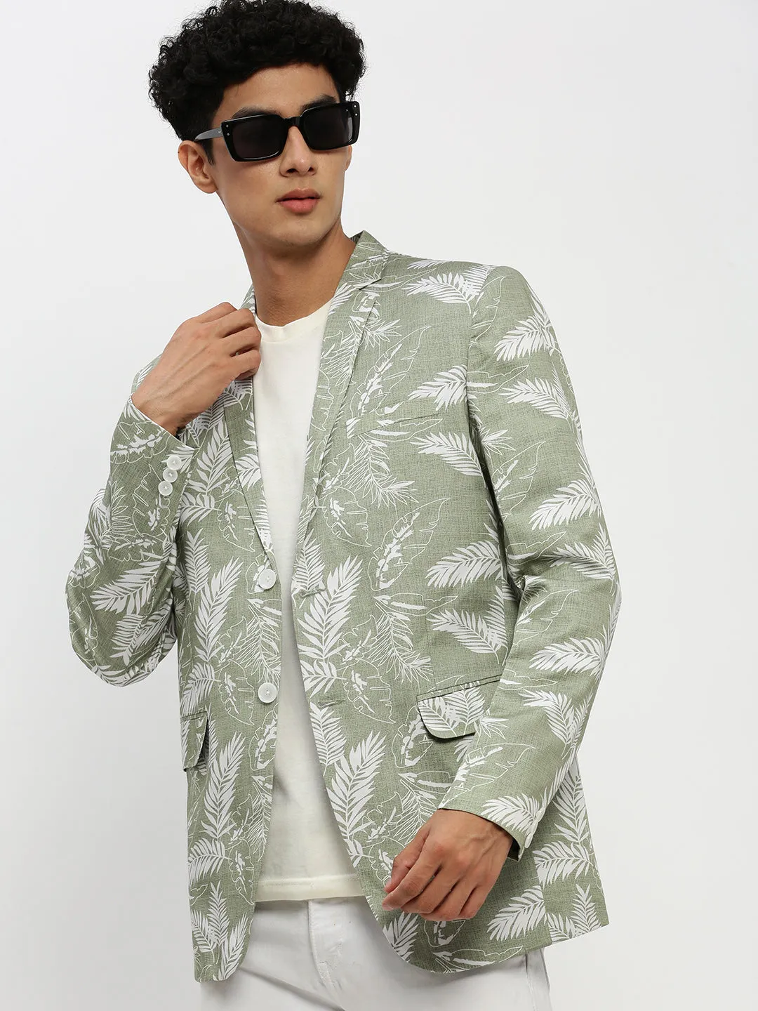 SlimSilhouette Durable Coating Men's Sea Green Printed Notched Lapel Single Breasted Slim-Fit Blazer