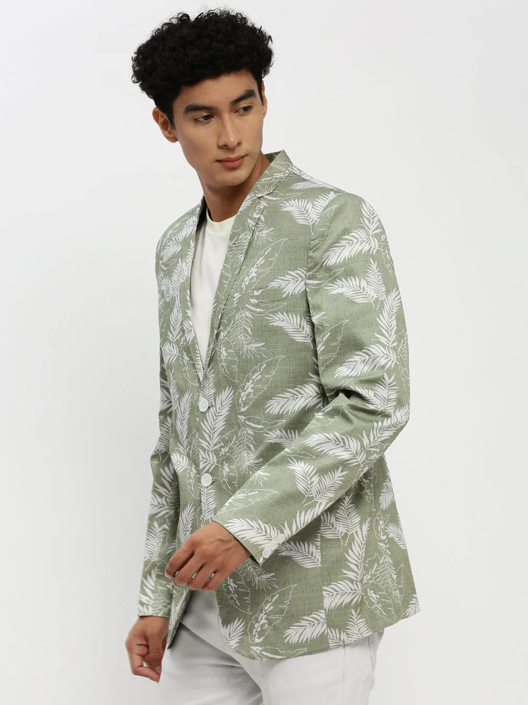 Men's Sea Green Printed Notched Lapel Single Breasted Slim-Fit Blazer Single Buttons