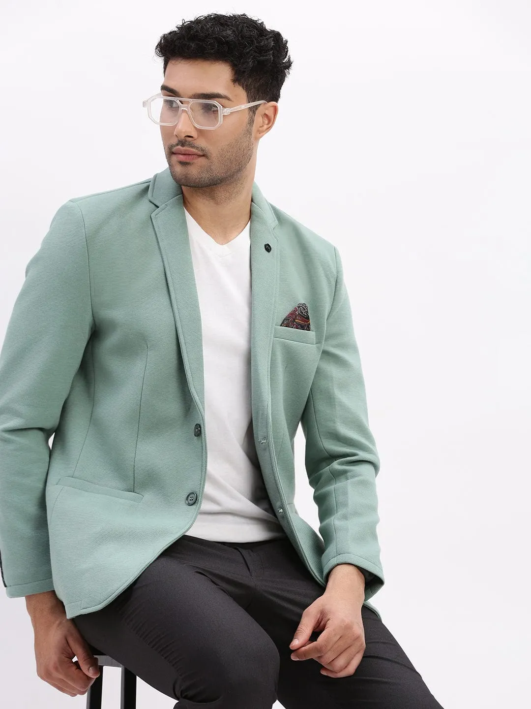 Men's Sea Green Slim-Fit Single-Breasted Notched Lapel Collar Casual Blazer Temperature Regulating Tech
