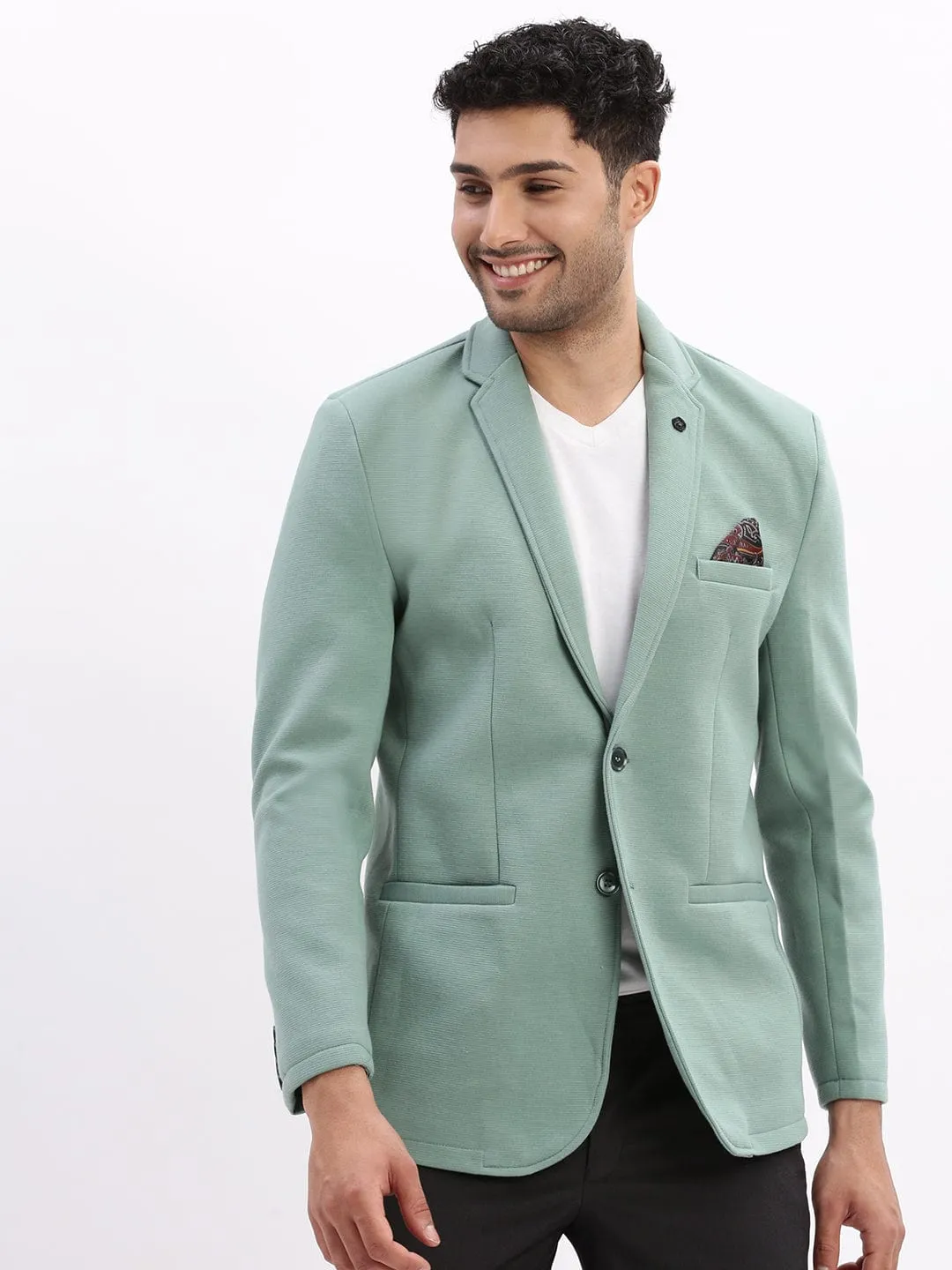 Clean Silhouette Men's Sea Green Slim-Fit Single-Breasted Notched Lapel Collar Casual Blazer